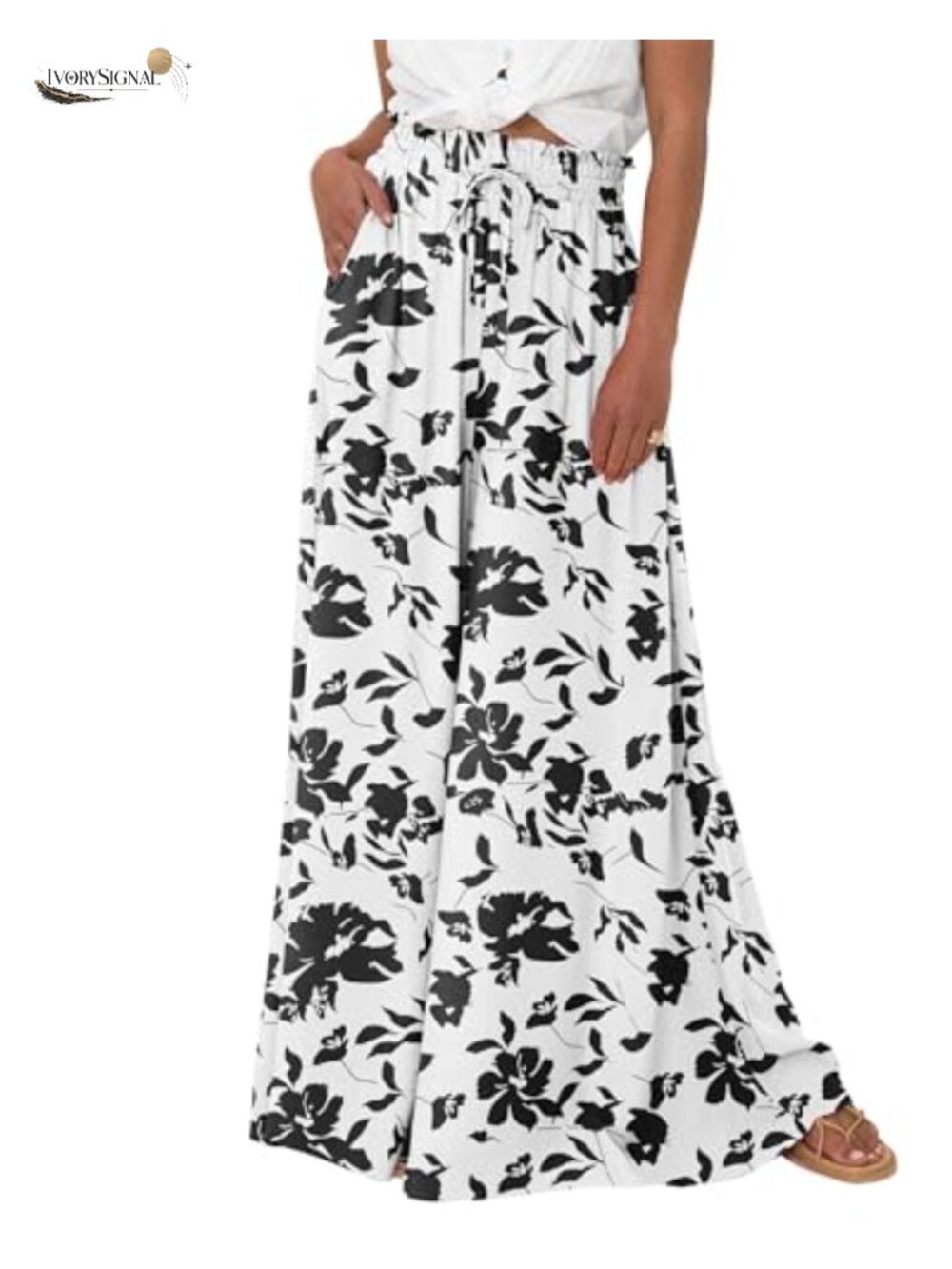 Women's Flowy Wide Leg Palazzo Pants with Drawstring Waist and Side Pockets - Picture 1 of 6
